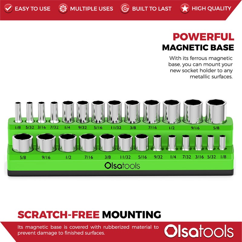 Olsa Tools Magnetic Socket Organizer | 1/4-inch Drive | SAE | Green | Holds 26 Sockets | Professional Quality Tools Organizer - Image 4